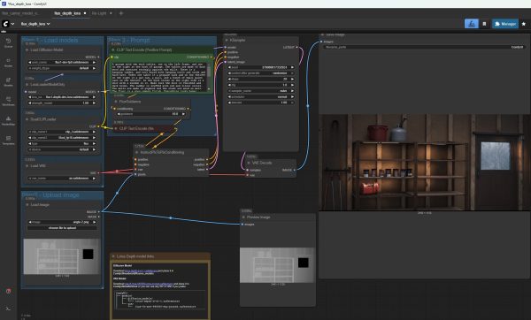 A screenshot of ComfyUI. There are a bunch of connecting data nodes that turn into a scene in a video game.