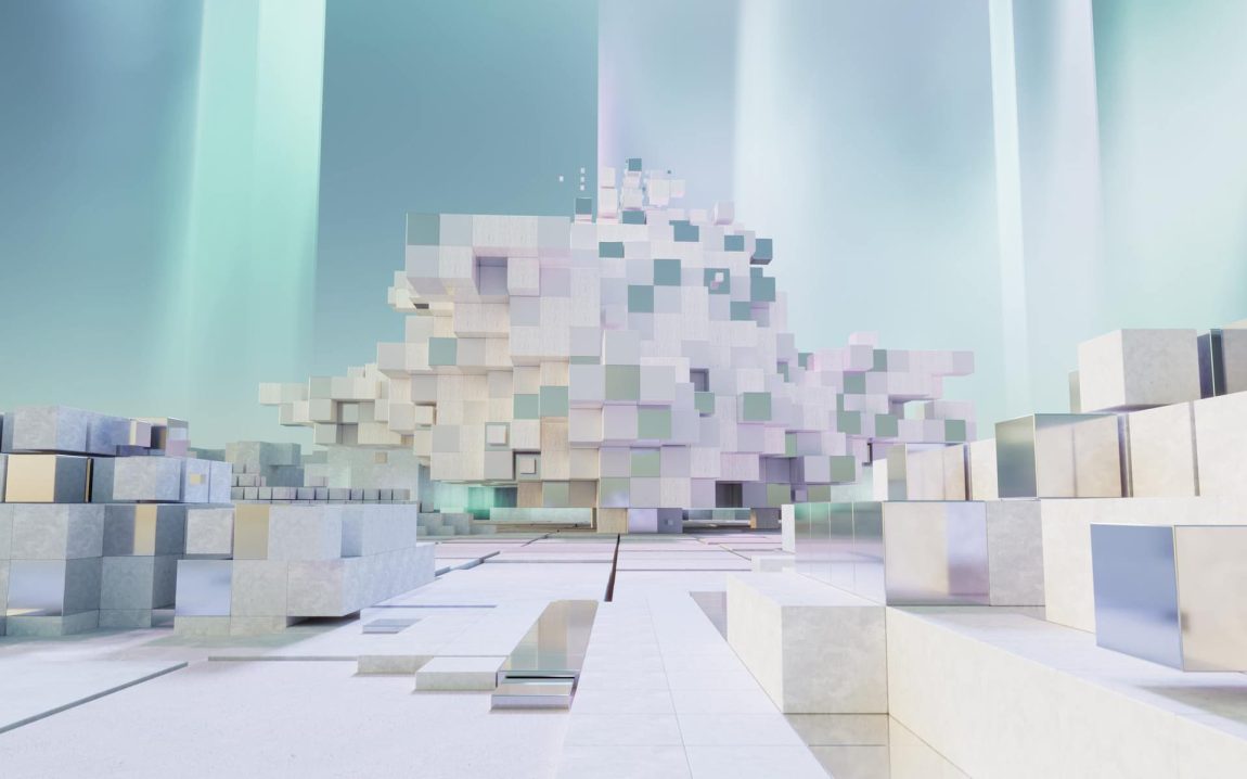 An AI landscape, full of white squares and light beams.