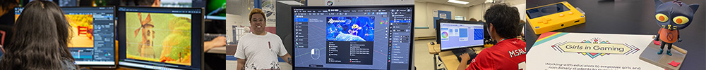 Collage of photos: unreal engine cinematics, Blender software, developing games in Bitsy, and Girls in Gaming promo material.