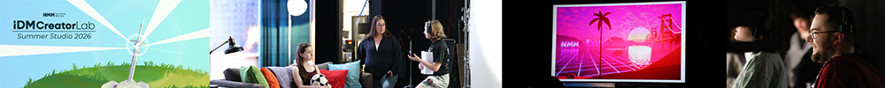 collage: IDM Creator Lab promo, filmakers at work at Studio Lab xr, Unreal Engine screens.